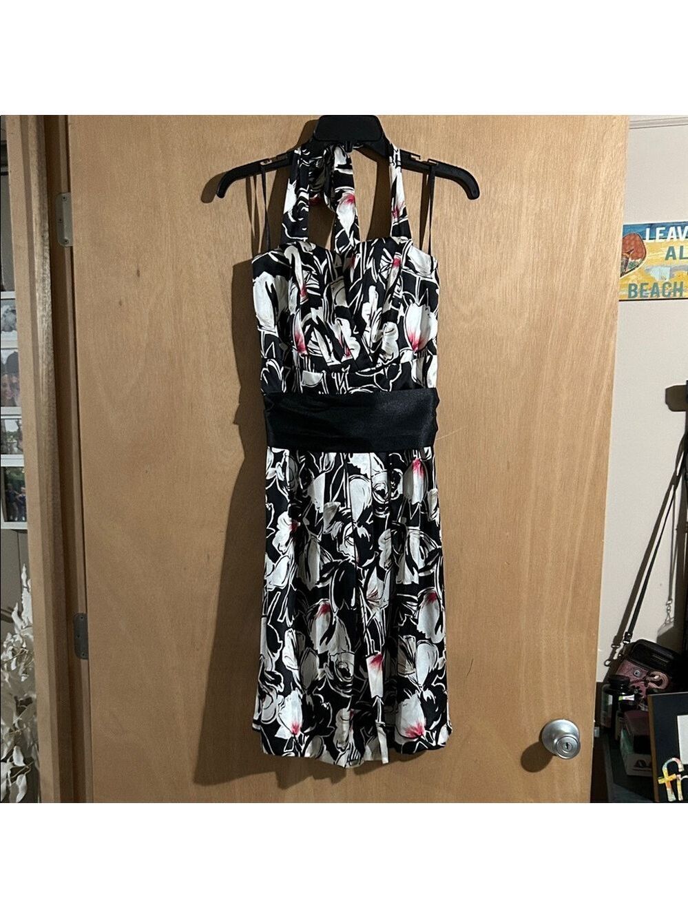 White House Black Market Black & White Floral Halter Dress with Pink Accents
